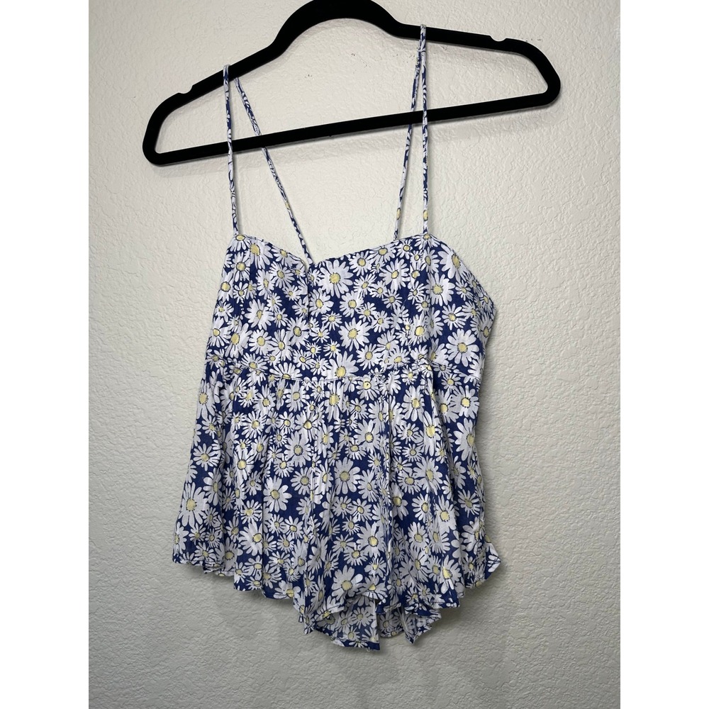 Free People Daisy Print Peplum Camisole Blue White Floral Tie Back Top Size M - Picture 4 of 6